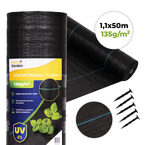 Černá agrotextilie UV 135g protiplevelová rohož 1,1x50m kolíky MulltiGarden