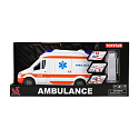 Auto ambulance plast 26cm s lehátkem na setrvačník se světlem se zvukem v krabici 37x18x11,5cm