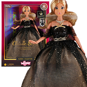 WOOPIE ROYAL Panenka Lily 30 cm Dlouhé Blond Vlasy Černé Plesové Šaty