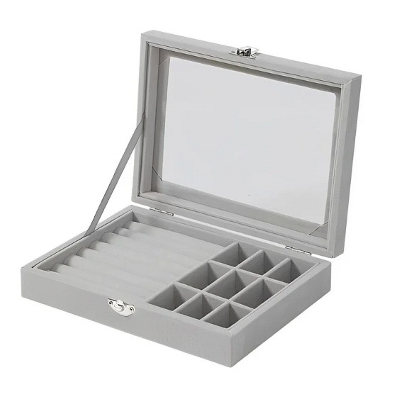 Herzberg HG-05361 : organiseur à bijoux en velours avec couvercle en verre, 9 compartiments et 7 emplacements pour bagues