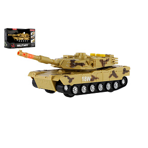 Tank 17cm na volný chod na baterie se světlem se zvukem hnědý v krabici 19x12,5x8cm