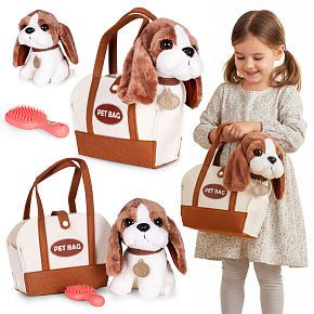 Plyšový pejsek v kabelce beagle maskotka pro dítě + kartáč na péči