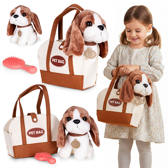 Plyšový pejsek v kabelce beagle maskotka pro dítě + kartáč na péči
