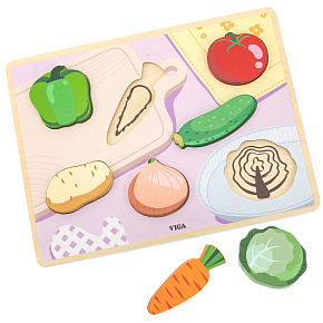 VIGA Dřevěné Puzzle Skládačka Montessori 2v1 Figurky Zelenina Vzdělávací