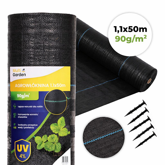 Agrowłóknina czarna agrotkanina UV 90g mata antychwastowa 1,1x50m kołki MulltiGarden