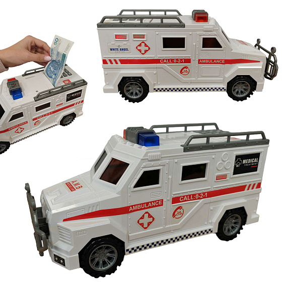 Lebula pokladnička na mince bankovky prasátko dárek na peníze otevírací interaktivní auto ambulance
