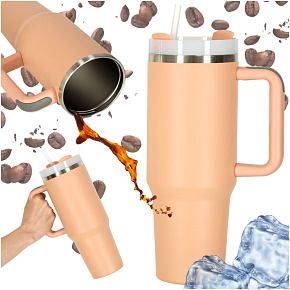 Termohrnek se slámkou a držadlem termoska 1200ml pudrově růžová
