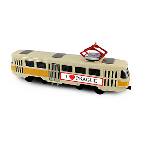 Kovová česká retro tramvaj žlutá 16 cm PRAGUE - otevírací dveře