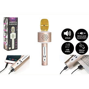 Mikrofon karaoke Bluetooth zlatý na baterie s USB kabelem v krabici 10x28x8,5cm Mikrofon karaoke Bluetooth zlatý na baterie s USB kabelem v krabici 10x28x8,5cm