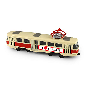 Kovová česká retro tramvaj červená 16 cm PRAGUE - otevírací dveře