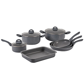Herzberg HG-9016 : Batterie de cuisine 10 pièces avec revêtement en marbre avec rôtissoire (Gray)