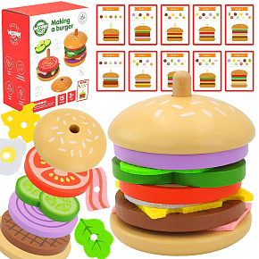 WOOPIE GREEN Dřevěný Burger Restaurace Skládačka pro Děti 15 ks. Certifikát FSC