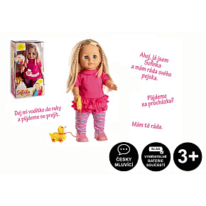 Panenka Sofinka s pejskem chodící a česky mluvící plast 42cm na bat. se zvukem v krabici 26x44x13cm Panenka Sofinka s pejskem chodící a česky mluvící plast 42cm na bat. se zvukem v krabici 26x44x13cm