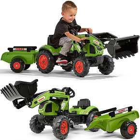 Falk Šlapací Traktor Claas s Přívěsem a Lžící Zelený pro Děti 2-5