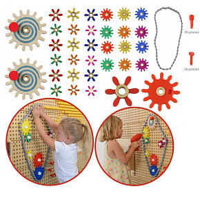 MASTERKIDZ Nástěnná Tabule Ozubená Kola a Řetěz 79 ks. Postav si vlastní mechanismus