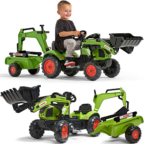 FALK Traktor s Přívěsem CLAAS Arion Backhoe LOPATA + Nakladač Od 2 Let