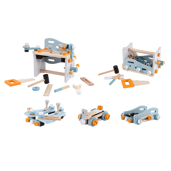 Mini dílenský stůl nástrojový dřevěný konstrukční set 52 prvků ECOTOYS