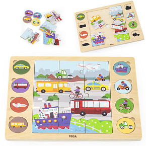 VIGA Dřevěné Puzzle Hádej podle Stínu - Dopravní Prostředky Skládačka 17 ks.