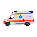 Auto ambulance plast 26cm s lehátkem na setrvačník se světlem se zvukem v krabici 37x18x11,5cm