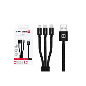 Datový kabel textilní 3v1 (Lightning, 2x USB-C), 1,2 m, černý 72501103
