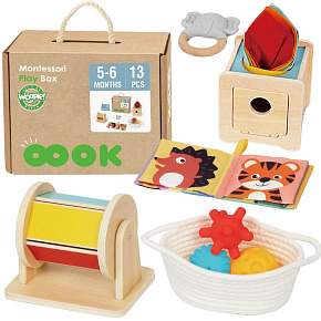 WOOPIE GREEN Box Krabice XXL Montessori Edukační 6v1 Senzorické 5-6 Měsíců 13ks. FSC