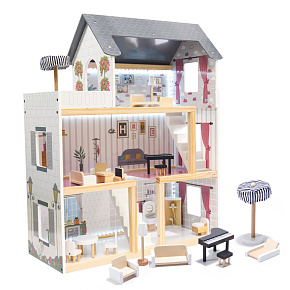 Domek dla lalek drewniany MDF mebelki 78cm biały LED