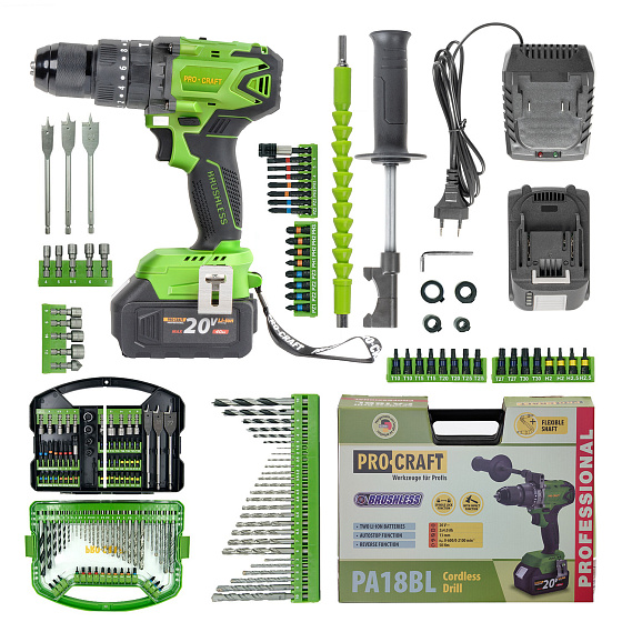 Aku vrtací šroubovák s příklepem Procraft SPA18BL Brushless se sadou bitů DBS-101