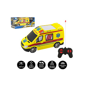Auto RC ambulance plast 20cm na dálkové ovládání 27MHz na baterie se světlem v krabici 28x13x11cm