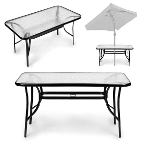 Zahradní stůl 160x90 cm tvrzené sklo velká deska na terasu zahradu otvor na slunečník MultiGarden