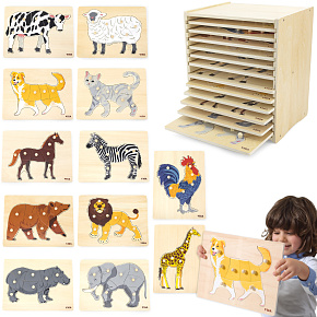 VIGA Sada Dřevěných Puzzle 12 Skládaček Zvířátka Montessori + Stojan