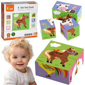 VIGA Dřevěná Skládačka Puzzle Farma 4 kostky