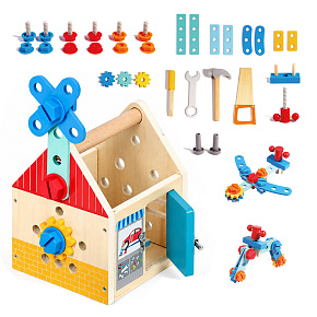 Drewniany domek z narzędziami zestaw majsterkowicza młotek śrubki 32 elementy ECOTOYS Drewniany domek z narzędziami zestaw majsterkowicza młotek śrubki 32 elementy ECOTOYS