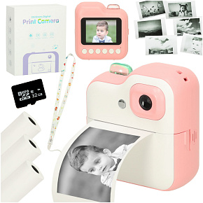 Aparat fotograficzny natychmiastowy drukarka termiczna + wkłady karta 32GB różowy Aparat fotograficzny natychmiastowy drukarka termiczna + wkłady karta 32GB różowy