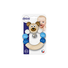 Chrastítko/Hrkadlo medvěd modrý dřevo 7x9cm na kartě 6m+