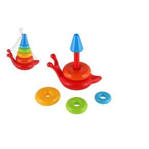 Skládanka pyramida kroužky šnek plast 6ks v síťce 18x20x12cm 12m+ Skládanka pyramida kroužky šnek plast 6ks v síťce 18x20x12cm 12m+