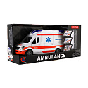 Auto ambulance plast 26cm s lehátkem na setrvačník se světlem se zvukem v krabici 37x18x11,5cm