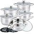 Herzberg HG-1242 : Batterie de cuisine 12 pièces en acier inoxydable avec couvercles en verre et plaques chauffantes