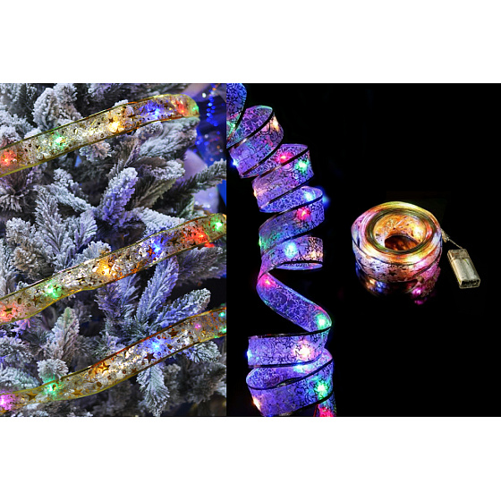 Vánoční stuha s LED světýlky 200cm 20LED - Stříbrná stuha/studená bílá