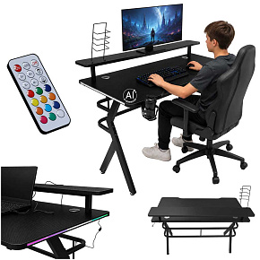 Biurko gamingowe z nadstawką LED RGB uchwyty komputerowe dla gracza 120x60cm Biurko gamingowe z nadstawką LED RGB uchwyty komputerowe dla gracza 120x60cm