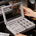 Herzberg HG-05361 : organiseur à bijoux en velours avec couvercle en verre, 9 compartiments et 7 emplacements pour bagues