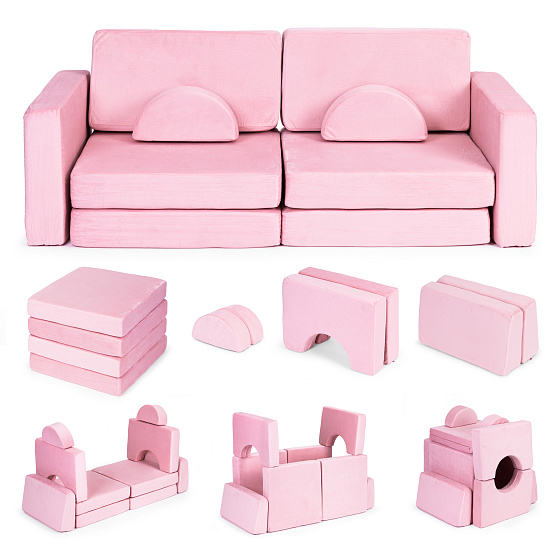 Sofa składana modułowa dla dzieci duża 2-osobowa DIY 10 miękkich poduch - różowa ECOTOYS