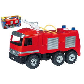 Mercedes auto hasiči plast 60cm stříkací vodu nádržka 1,6l v krabici 68x38x27cm