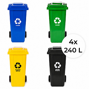Zestaw 4 koszy na śmieci pojemniki 4x240L niebieski zielony żółty czarny makulatura szkło plastik odpady zmieszane gumowe koła Zestaw 4 koszy na śmieci pojemniki 4x240L niebieski zielony żółty czarny makulatura szkło plastik odpady zmieszane gumowe koła