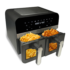 Comfy Nest CN-AFD45WB: 2400W Černá digitální horkovzdušná fritéza s dvojitým košem a okénkem - 9L