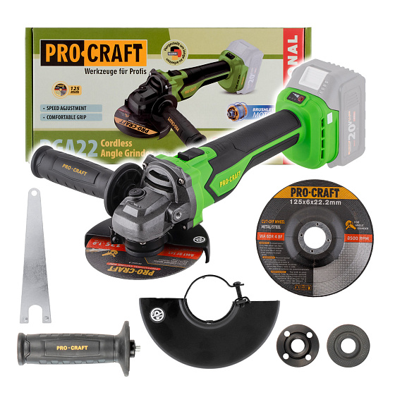 Aku úhlová bruska Procraft PGA22 (bez baterie a nabíječky), 125mm