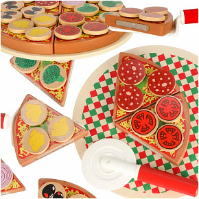 Dřevěná pizza sada na hraní na suchý zip s příslušenstvím lopatka, nůž, talíř, učení krájení 20 cm
