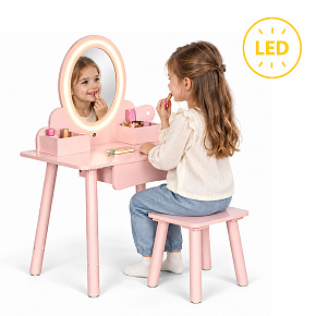 Drewniana toaletka dziecięca lustro LED szuflada taboret 6 akcesoriów różowa ECOTOYS Drewniana toaletka dziecięca lustro LED szuflada taboret 6 akcesoriów różowa ECOTOYS