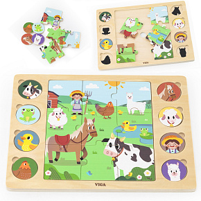 VIGA Dřevěné Puzzle Hádej Stín - Farma Skládačka 17 ks.