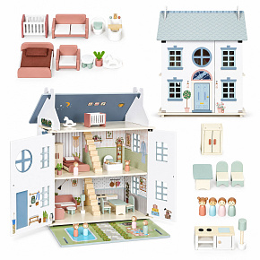 Drewniany domek dla lalek Lily otwierany 3 piętra 5 pomieszczeń meble figurki ECOTOYS Drewniany domek dla lalek Lily otwierany 3 piętra 5 pomieszczeń meble figurki ECOTOYS