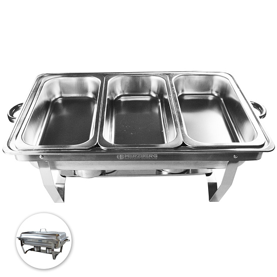 Herzberg HG-8022-3 : chafing dish en acier inoxydable avec 3 bacs GN 1/3